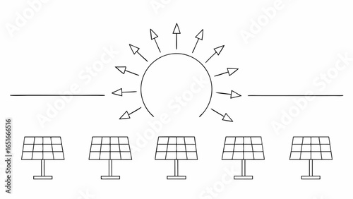 Vector illustration of solar panels receiving sunlight with arrows emanating from a semicircular source above