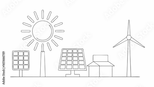 Vector illustration showing renewable energy sources including solar panels wind turbine and sun energy source