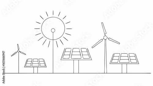 Vector illustration showing solar panels wind turbines and sun representing renewable energy sources clearly