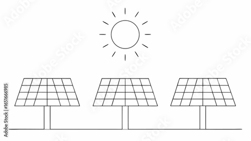 Vector illustration of three solar panels connected with a line under a sun shining with rays of light