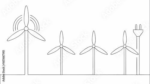 Vector illustration of wind turbines in a row with one turbine spinning and a plug showing energy output