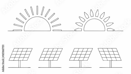 Vector illustration showing suns and solar panels for renewable energy generation in a simple line drawing style