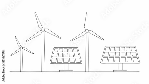 Vector illustration depicting wind turbines and solar panels for renewable energy generation in simple line art