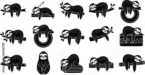 Cute sloth vector illustration set, lazy animal cartoon poses, black silhouette clipart