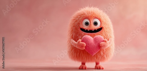 Fluffy, coral-colored cartoon monster holding a pink heart on a soft pink background
