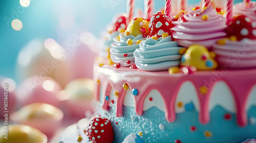 An artistic close-up of a cake with playful designs for a child's birthday