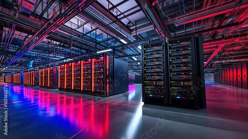 Cutting edge server room glowing with futuristic blue red neon lights accentuating rows of powerful servers for data center technology connectivity digital infrastructure high tech solutions concept
