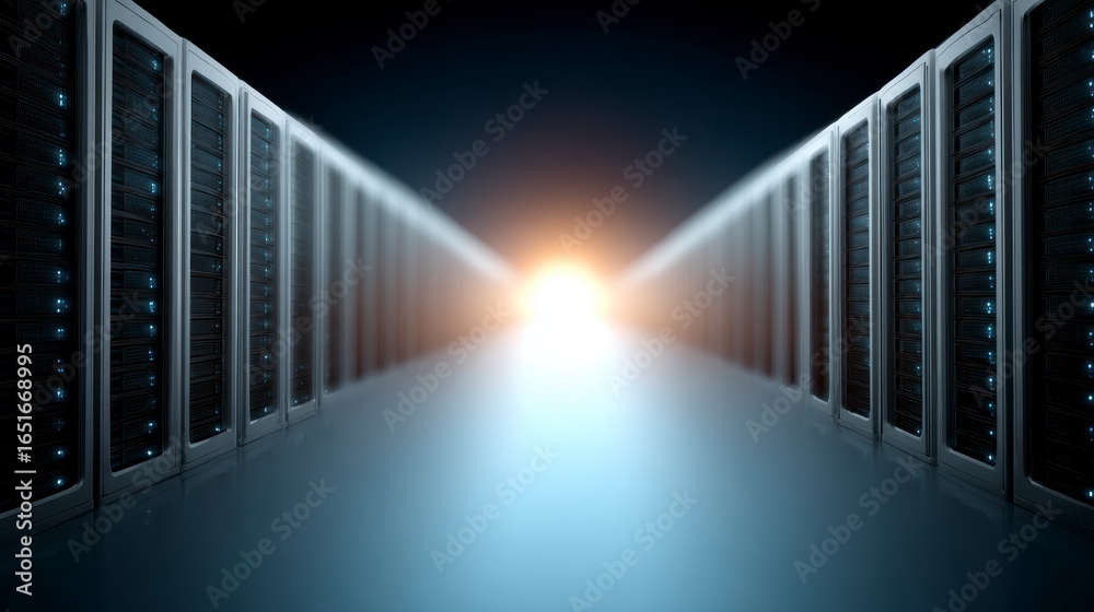 Fototapeta premium Rows of server racks with glowing blue lights receding into a bright luminous tunnel