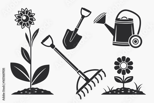 Gardening tools and flowers isolated on white background in black silhouette
