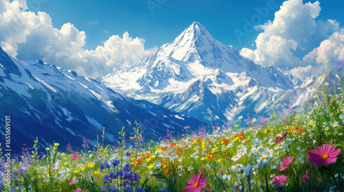 An artistic depiction of Anamudi Peak with wildflowers in the foreground
