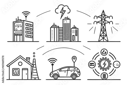 Smart grid and energy system with buildings, car, and power tower