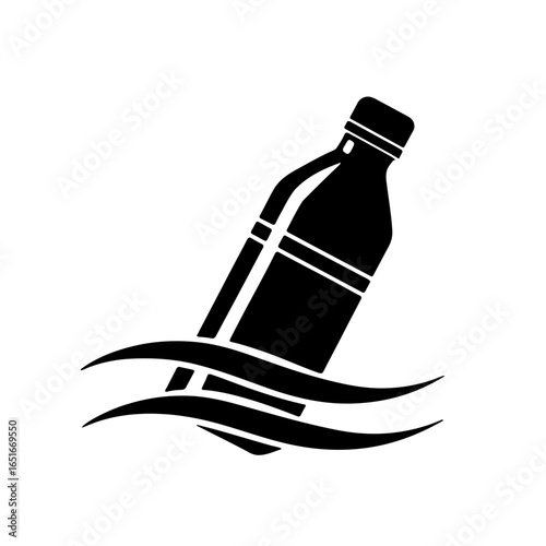 Plastic Bottle in Water Icon
 A simple, black and white icon depicting a plastic bottle floating in water. This image represents the critical issue of plastic pollution in our oceans and rivers