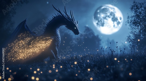 A dragon with wings made of fireflies, glowing softly as it glides over a moonlit meadow.