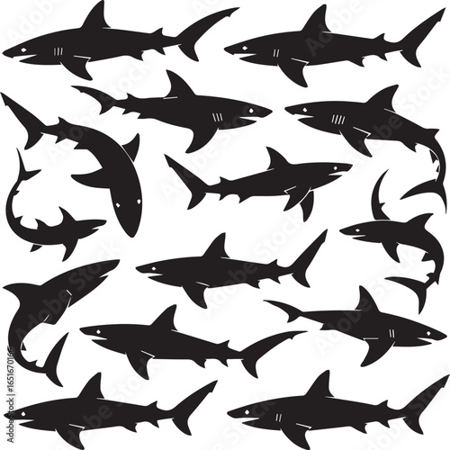 Collection of silhouetted sharks in various poses and sizes