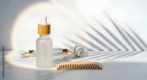 Close-up flat lay mockup of skincare products: a glass serum bottle with bamboo dropper, jade roller, and wooden comb, on a