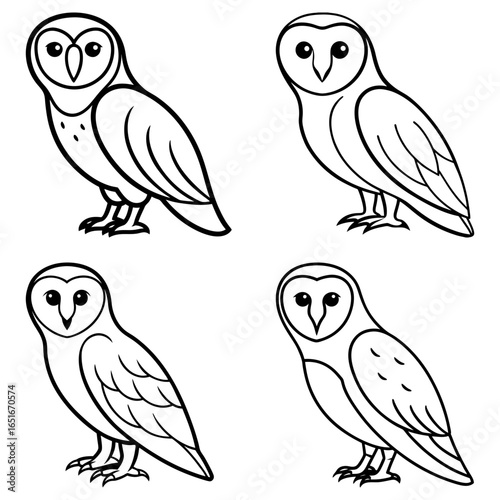 Four outlined barn owls with distinct feather patterns in a simple black and white illustration style