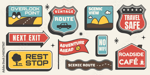 Retro sticker set. Roadside signboards, scenic view, arrows and cafe icons in vintage 1950s style. Travel and trip elements in Mid Century design. Vector illustration