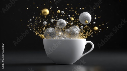 A white cup overflowing with metallic spheres and particles.