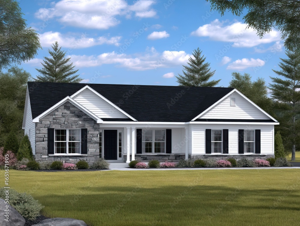 Obraz premium Charming house with stone details, black shutters, and a well-manicured lawn