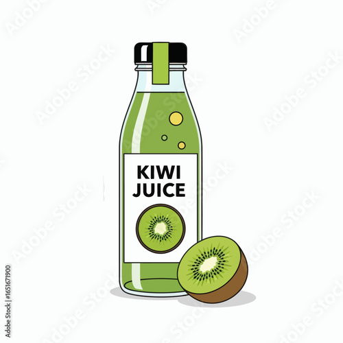 Illustrated kiwi juice bottle with a KIWI JUICE label and a kiwi slice next to a cut kiwi fruit on white