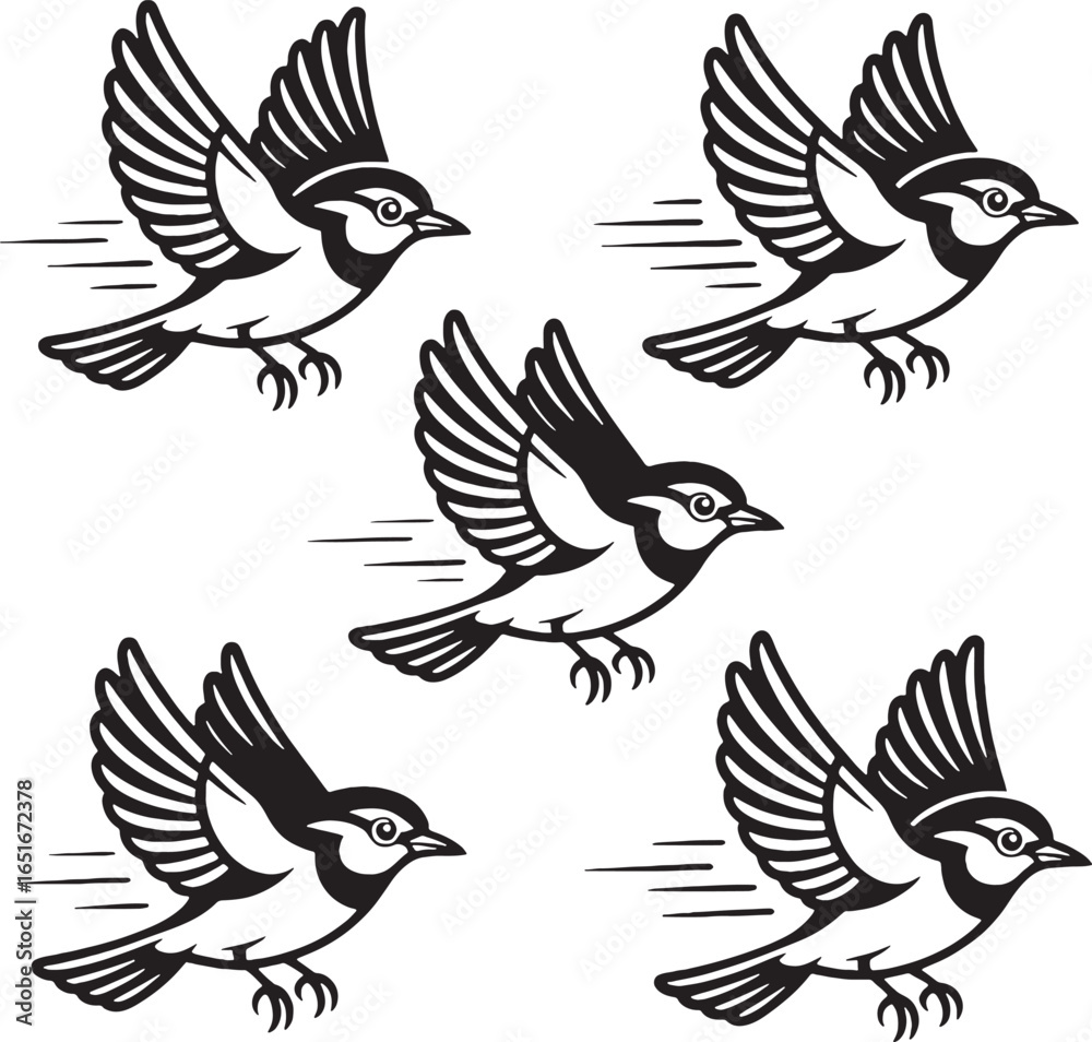 Obraz premium Flying Birds in Motion Black and White Illustration