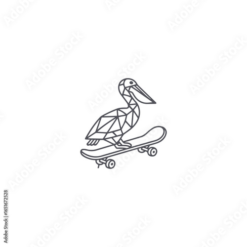 Pelican and skateboard logo with fun, dynamic style for playful and active branding.