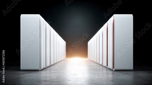 Abstract pathway with white panels and warm light at the end tunnel corridor