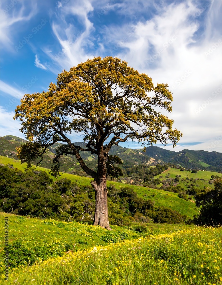 Fototapeta premium A majestic oak tree stands alone in a verdant valley, hills rising in the background under a partly cloudy sky