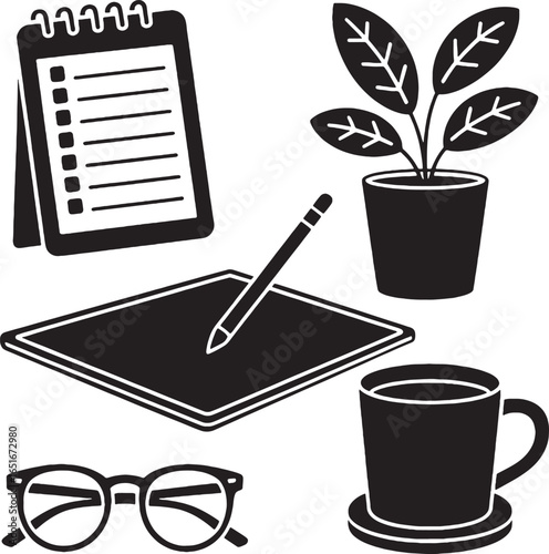 Workspace Essentials with Tablet Plant Glasses and Coffee Cup office desk