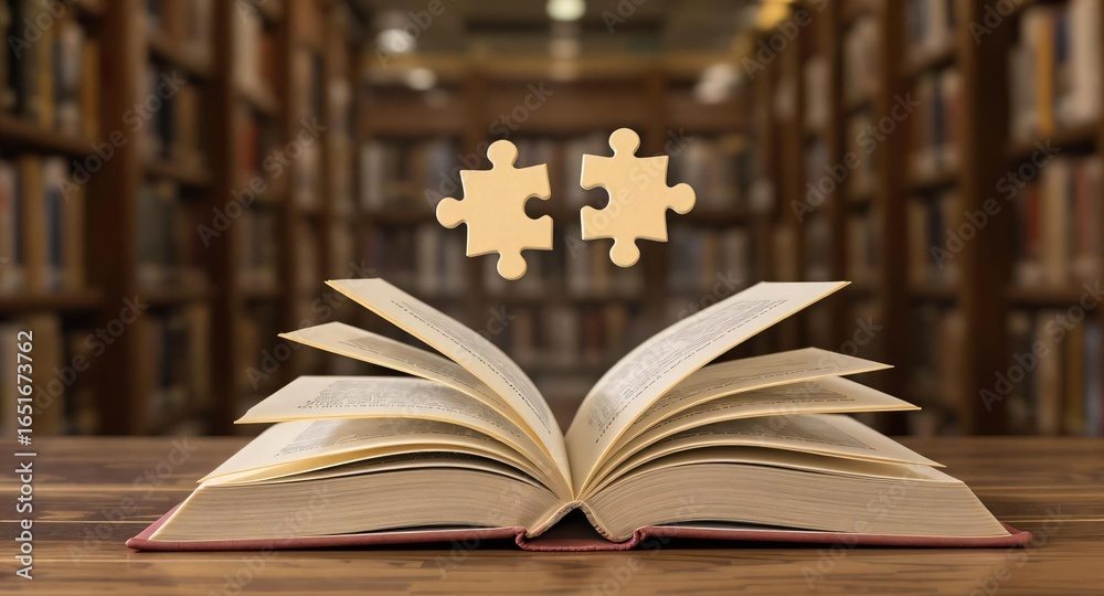 Fototapeta premium Open Book with Puzzle Pieces in Library Setting