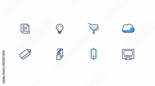 A set of eight light blue and white line art icons for various digital and business concepts.