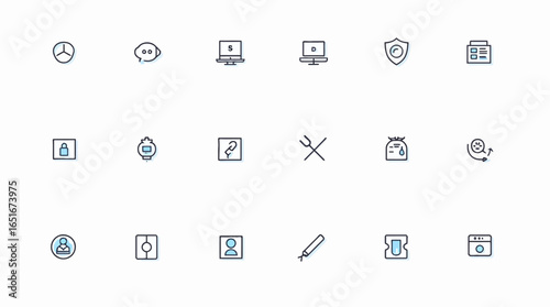 A grid display of various minimalist line art icons with light blue accents, representing concepts like technology, security, and health.
