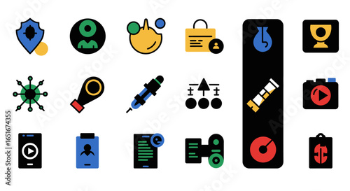 Collection of colorful icons representing various technological and digital concepts and applications.