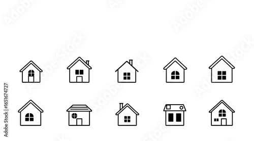 Collection of various simple house icons in black and white outline style.