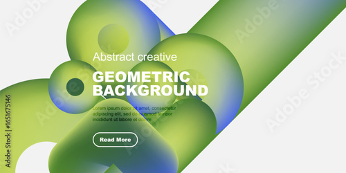 Abstract geometric background features vibrant green, yellow hues. Text overlay includes sample content, button. Minimalist design.
