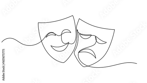 Self drawing line animation Comedy and tragedy line theater masks feelings continuous one single line drawn concept video, Animation of continuous one line drawing of two theater masks. Role-playing