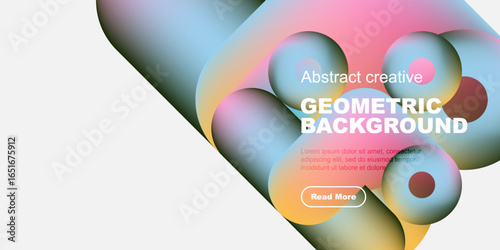 Abstract geometric background features colorful overlapping shapes. Text includes geometric background, plus sample lorem ipsum text, button.