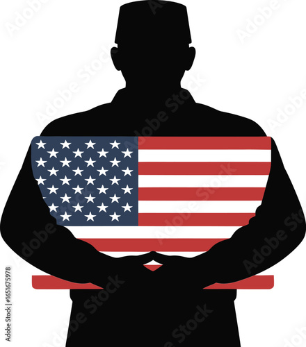 Silhouette of a person wearing a kufi hat with an American flag over the chest, minimalist flat vector illustration in red, white, and blue, patriotic graphic design with clean lines