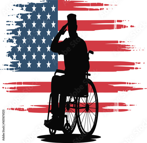 Silhouette of soldier in wheelchair saluting against distressed American flag, minimalist flat vector illustration in red white and blue, patriotic tribute emphasizing honor, courage, and resilience