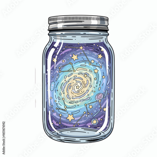 An outlined illustration of a glass mason jar containing a colorful spiral galaxy with yellow stars and constellations
