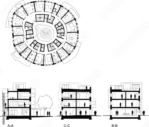Architectural plan and cross sections of a circular building with multiple floors and interior divisions