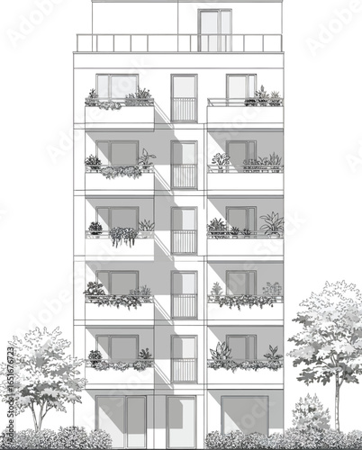 Architectural drawing of a modern residential building with balconies and trees in a sketch style