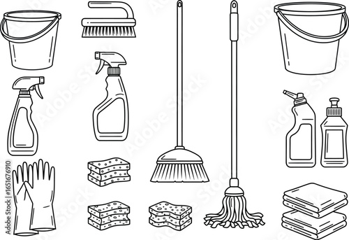 Collection of hand drawn cleaning supplies including buckets mops brushes spray bottles sponges and gloves for household chores
