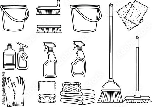 Collection of various cleaning supplies and tools including buckets brushes spray bottles gloves sponges and mops in a simple line art illustration