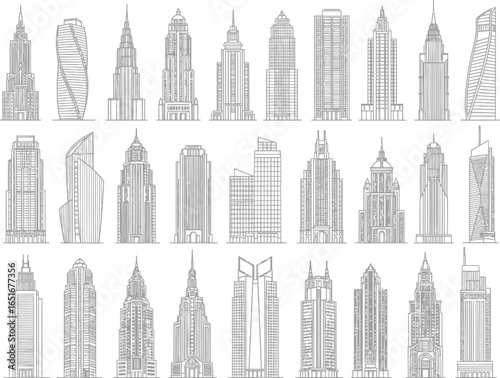 Collection of detailed hand drawn architectural sketches of famous and iconic skyscrapers and city buildings
