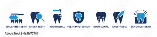 Advanced Dental Treatment Icons set vector illustration with Brushing teeth, Check teeth, Tooth drill, Teeth protection, Root canal, Anesthesia,  Sensitive teeth