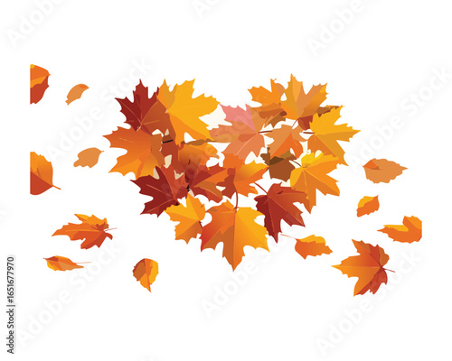 A dynamic and energetic illustration of a flurry of vibrant autumn leaves in various shades, scattered and blowing in the wind