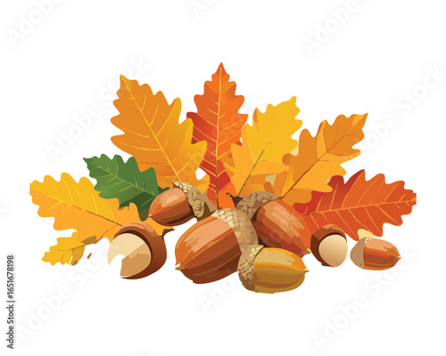 An artwork of a pile of autumn oak leaves and acorns.

