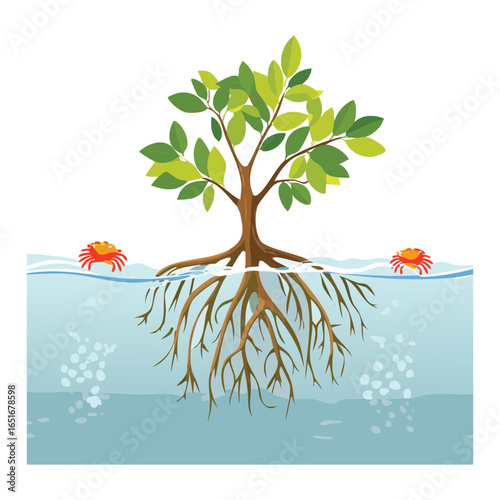 A simple graphic illustration of a young mangrove tree in clear water with crabs