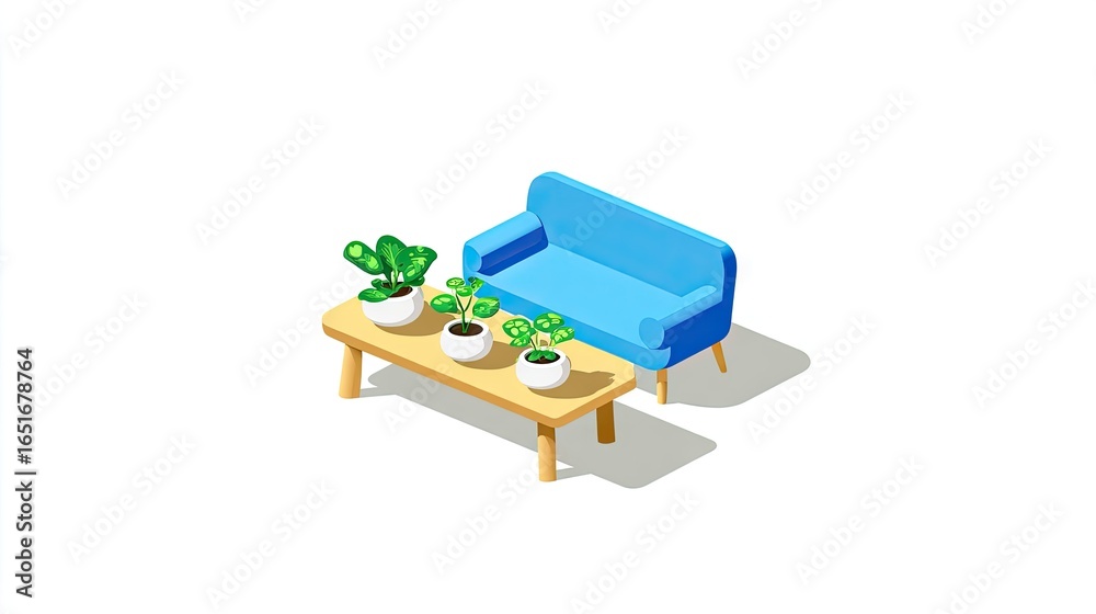 Fototapeta premium Blue couch and coffee table with houseplants in an isometric view.